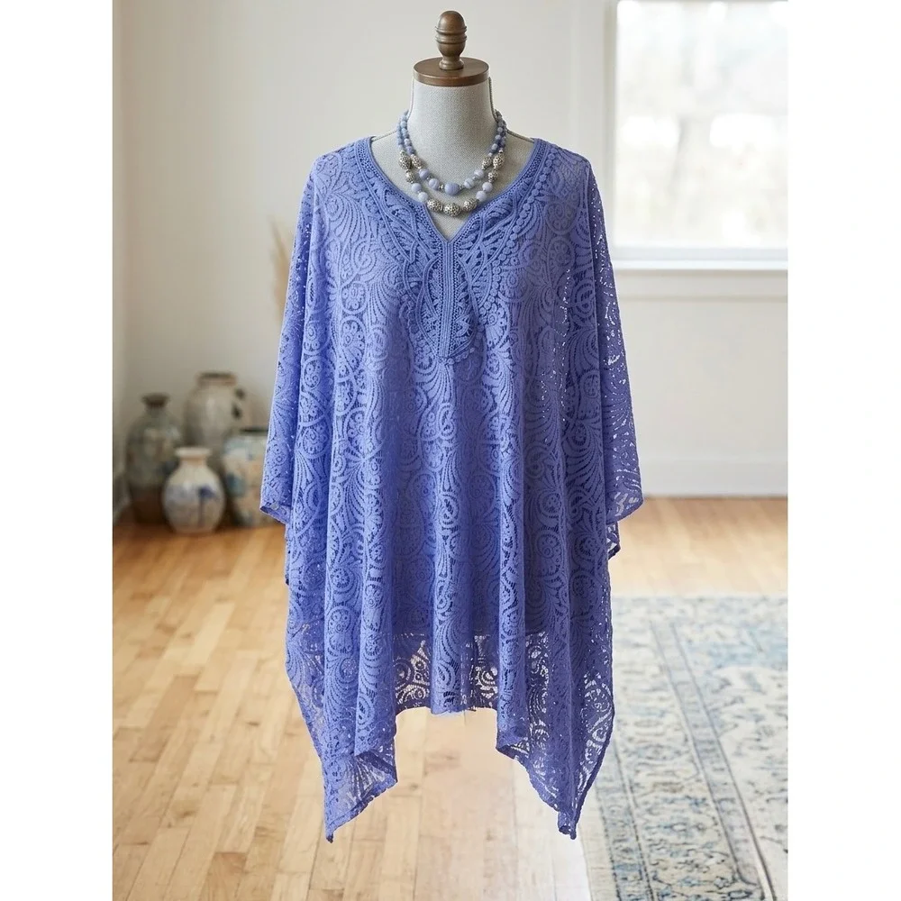 Catherines Periwinkle Blue Lace Kaftan Whimsigoth Boho Poncho Tunic Plus 4X-5X - Picture 6 of 6